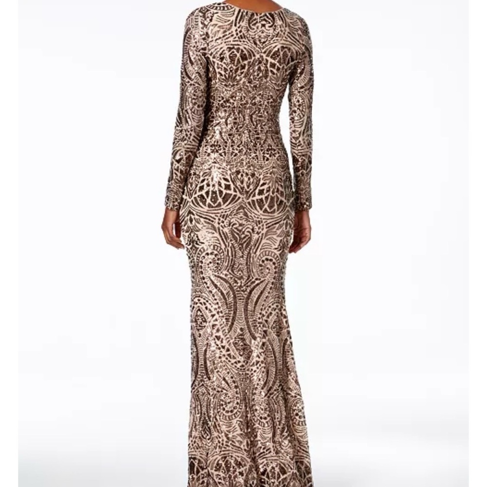 Betsy & Adam Champagne and Brown Long-Sleeve Sequin Gown